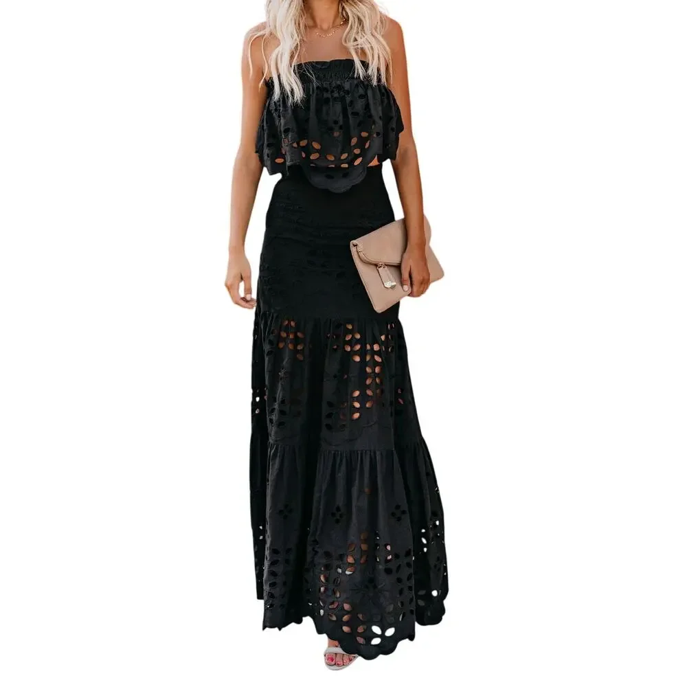 Luxxel Palm Chains Eyelet Embroidered Two Piece Maxi Skirt Set Black Women's S